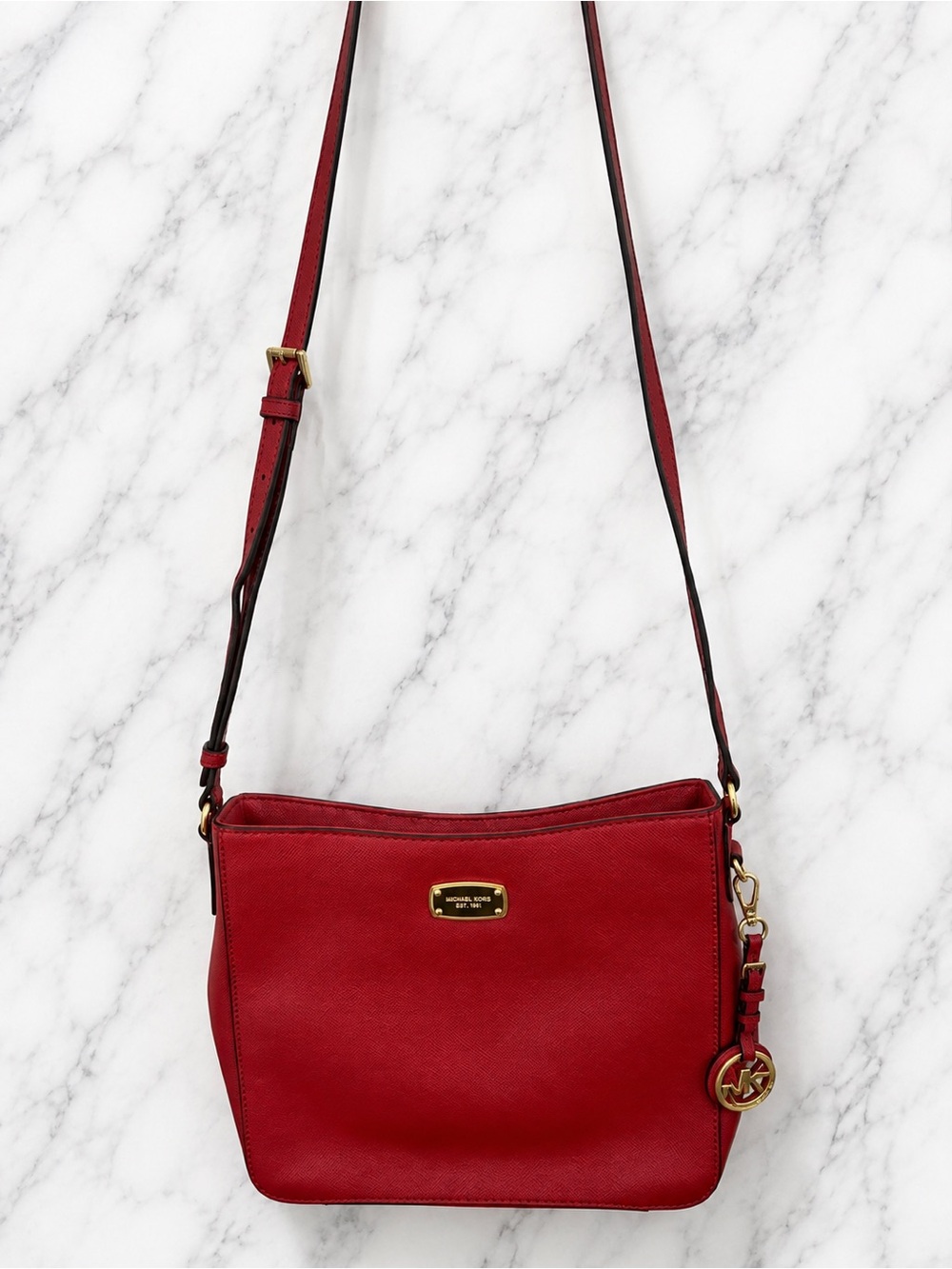 Michael Kors Red Saffiano Leather Crossbody Bag Gold MK Charm